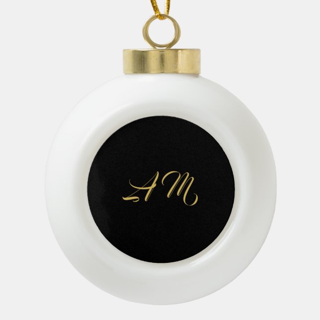 Black Gold Colours Monogram Initial Calligraphy Ceramic Ball Christmas Ornament (Front)