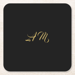 Black Gold Colours Monogram Initial Calligraphy Square Paper Coaster