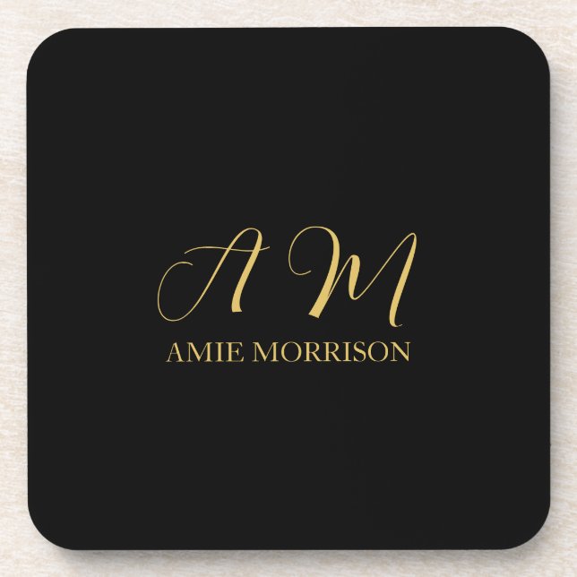 Black Gold Colours Monogram Initial Letter Name Coaster (Front)