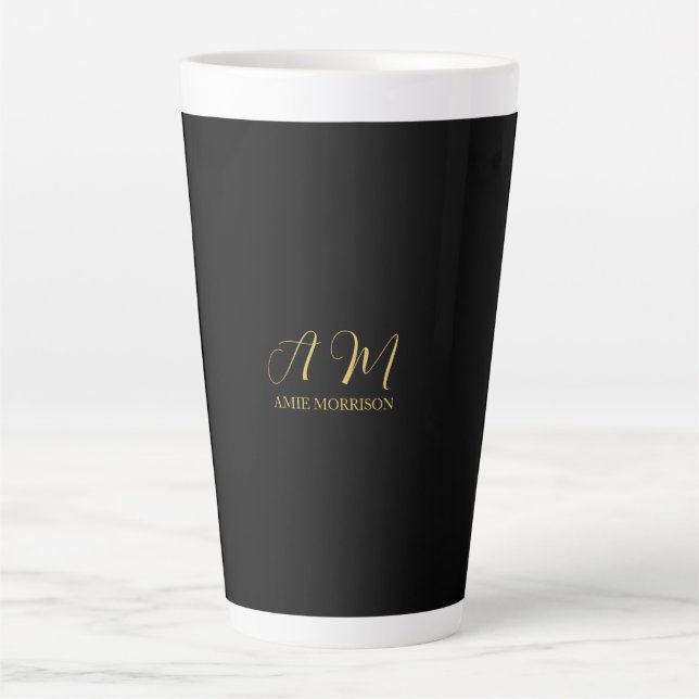 Black Gold Colours Monogram Initial Letter Name Latte Mug (Front)