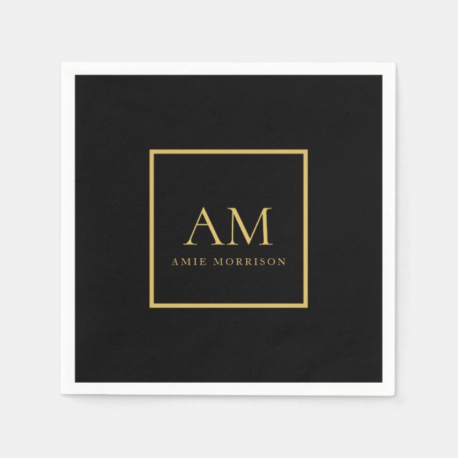 Black Gold Colours Monogram Initial Letter Name Napkin (Front)