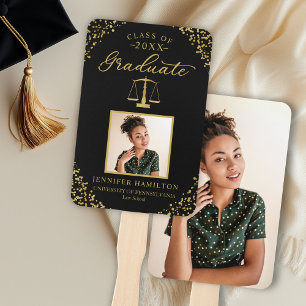 Black Gold Confetti 2 Photo Law School Graduation Hand Fan