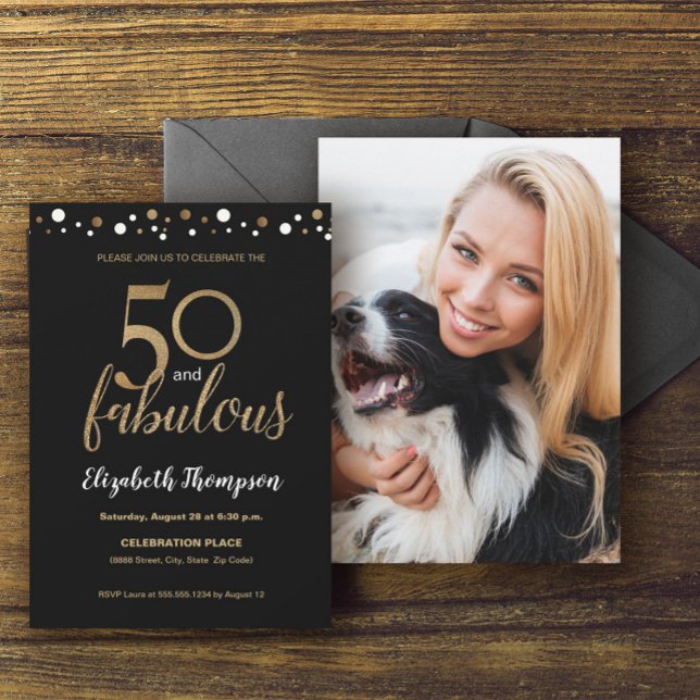 Black Gold Confetti 50 and fabulous Photo birthday Invitation (Customizable 50 and fabulous gold confetti elegant script photo invitation.)