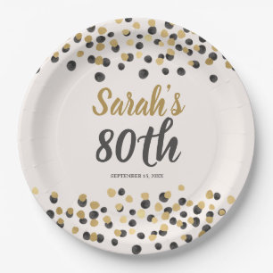 Black Gold Confetti 80th Birthday  Paper Plate