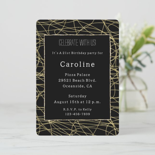Black Gold Confetti Abstract Birthday   Invitation (Standing Front)