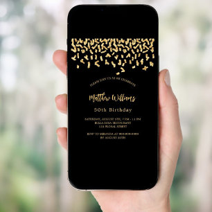 Black gold confetti birthday invitation