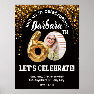 Black Gold Confetti Birthday Invite 60th Poster