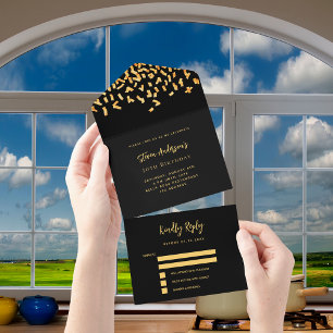 Black gold confetti birthday rsvp all in one invitation