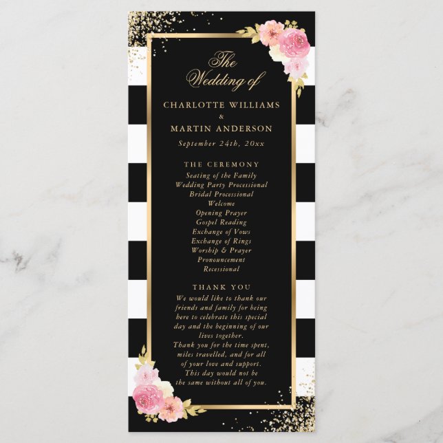 Black Gold Confetti Blush Pink Floral Wedding Programme (Front)