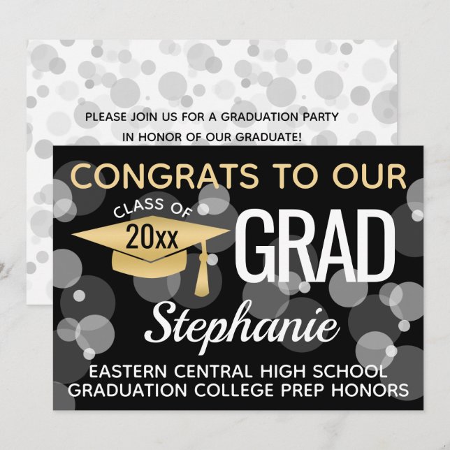 Black Gold Confetti Bokeh Bubbles Graduation Invitation (Front/Back)