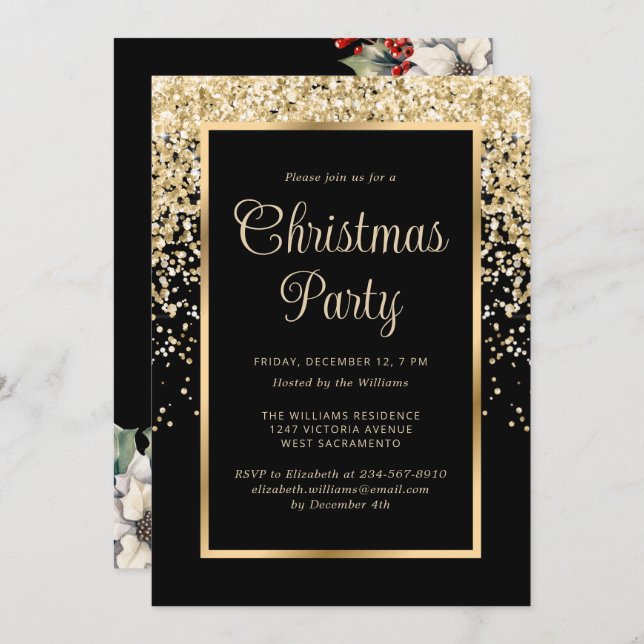 Black Gold Confetti Botanical Christmas Party Invitation (Front/Back)