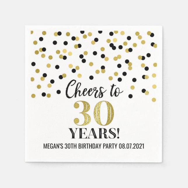 Black Gold Confetti Cheers to 30 Years Birthday Napkin (Front)
