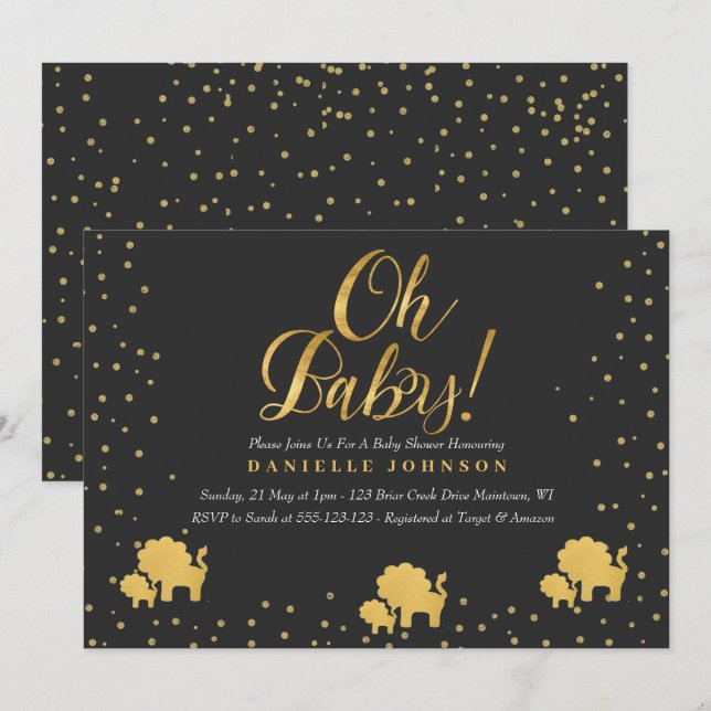 Black & Gold Confetti, Cute gold lion Baby Shower Invitation (Front/Back)