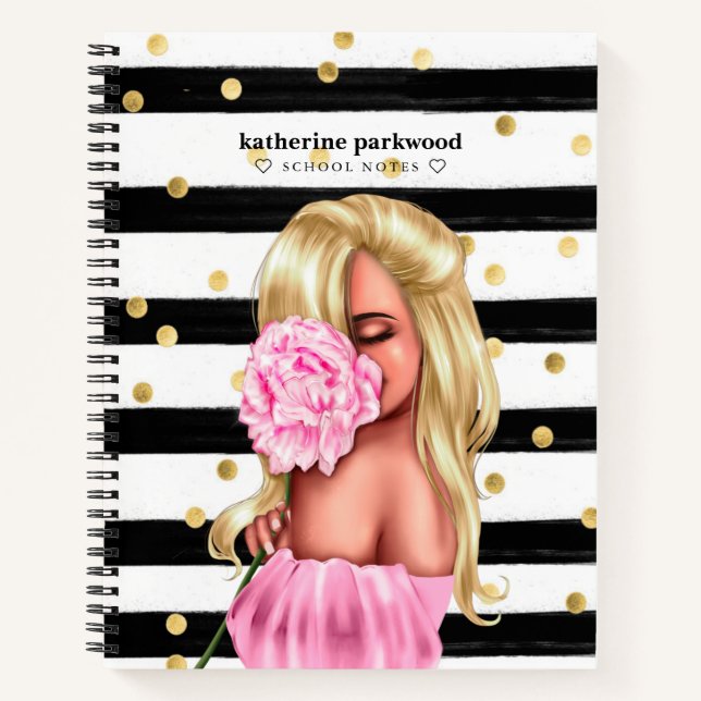 Black Gold Confetti Dots Blonde Girl Pink Floral Notebook (Front)