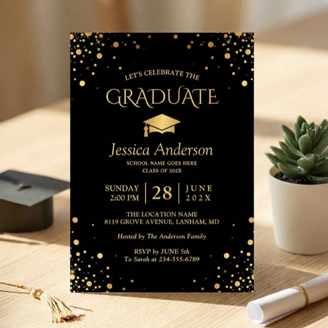 Black Gold Confetti Dots Graduate Graduation Party Invitation (Creator Uploaded)