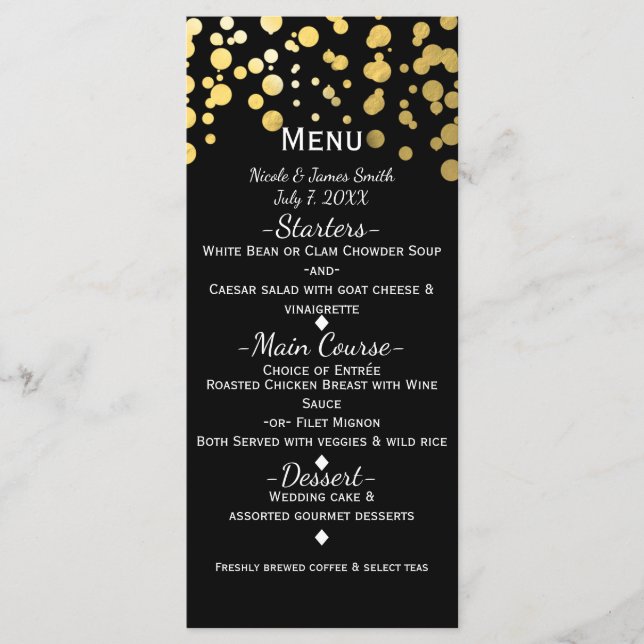 Black & Gold Confetti Dots Modern Glamour Menu (Front)
