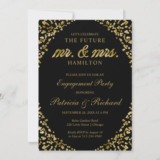 Black Gold Confetti Engagement Party Invitation (Front)