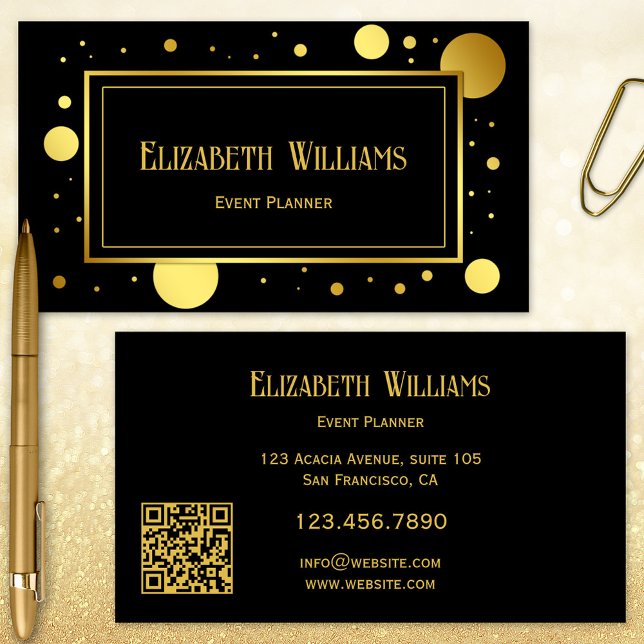 Black Gold Confetti Event Planner Business Card (Business card featuring a black and gold printed confetti design. Beautiful for an event planner)