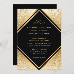 Black Gold Confetti Geometric Frame Wedding Invitation