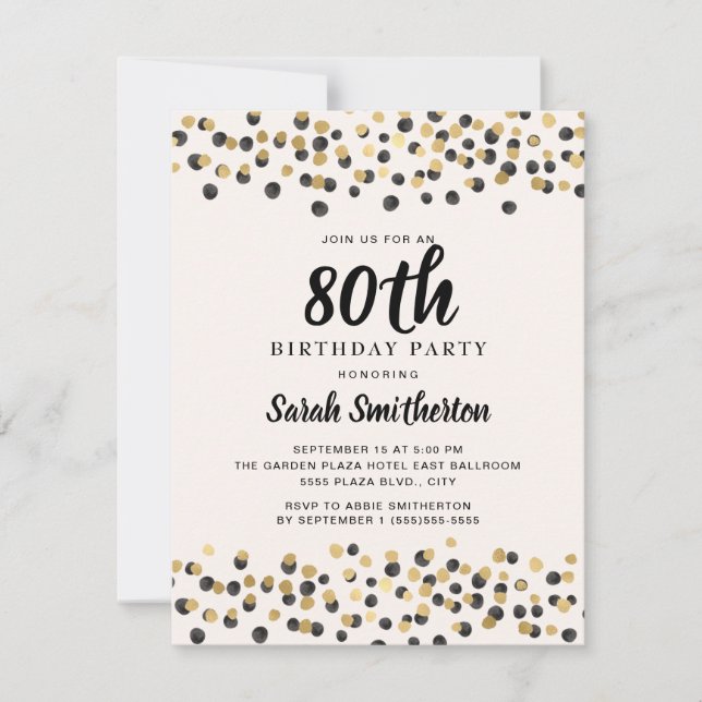 Black Gold Confetti Glitter 80th Birthday Invitation (Front)