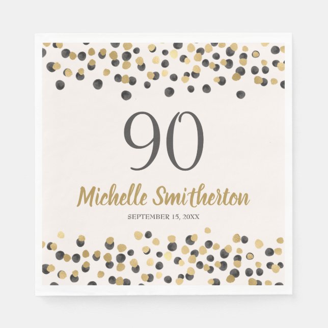 Black Gold Confetti Glitter 90th Birthday Napkin (Front)