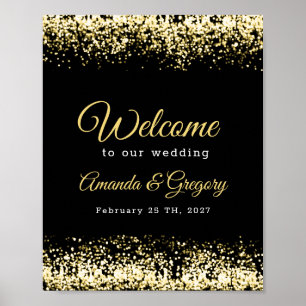 Black Gold Confetti Glitter  Wedding Welcome Sign