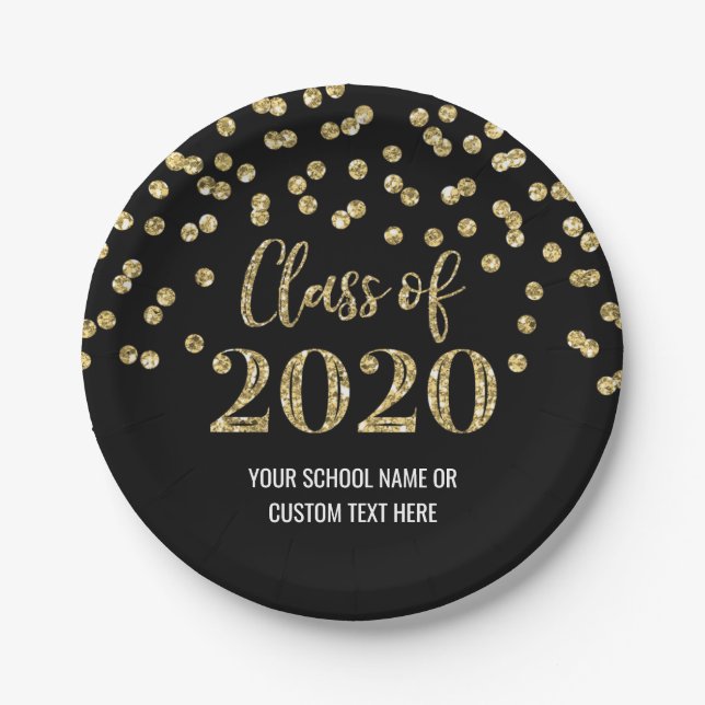 Black Gold Confetti Graduation 2020 Paper Plate (Front)