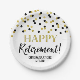 Black Gold Confetti Happy Retirement Paper Plate