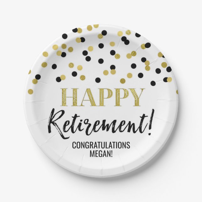Black Gold Confetti Happy Retirement Paper Plate (Front)