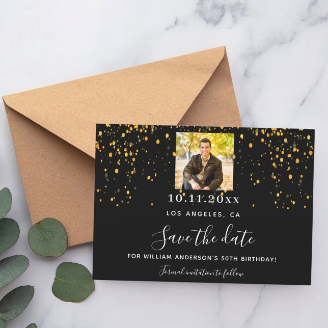Black gold confetti photo birthday save the date (Creator Uploaded)