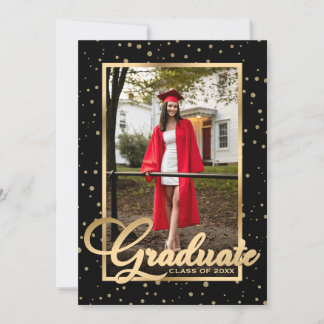 Black Gold Confetti Photo Graduation Party Invitation