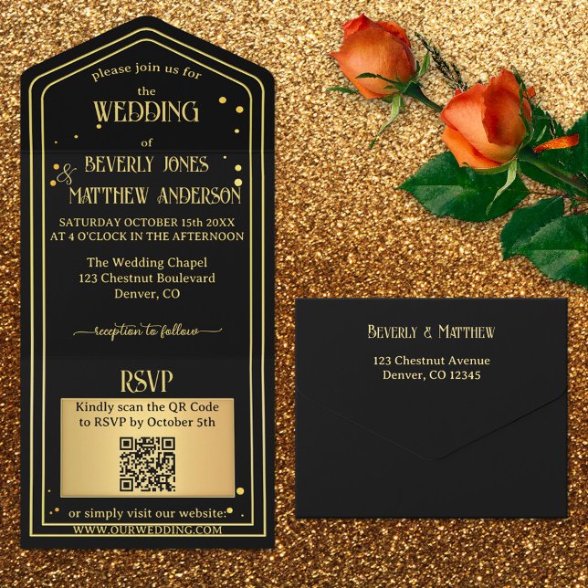 Black Gold Confetti QR Code Wedding All In One Invitation (All in one wedding invitation featuring an elegant black and gold design with sparkling confetti.)