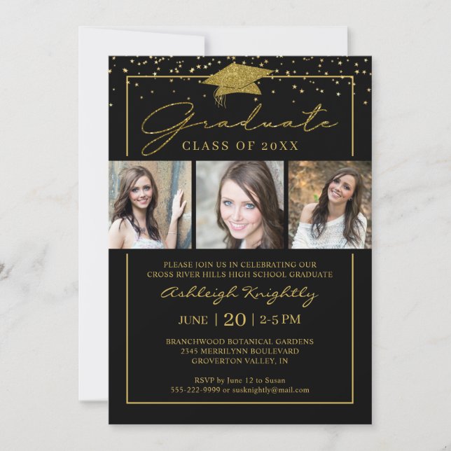 Black Gold Confetti Script 3 Photos Graduation Invitation (Front)