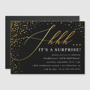 Black & Gold Confetti Script Surprise Party Magnetic Invitation