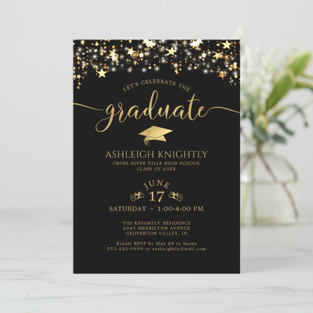 Black Gold Confetti Stars Graduation Party Invitation (Standing Front)