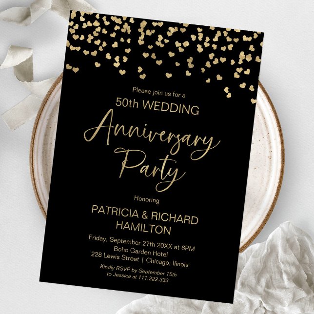 Black gold confetti wedding anniversary invitation (Creator Uploaded)