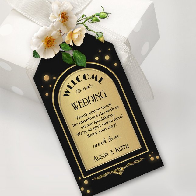 Black Gold Confetti Wedding Gift Tags (Retro art deco wedding favor gift tag featuring a gold and black design with sparkling confetti dots)