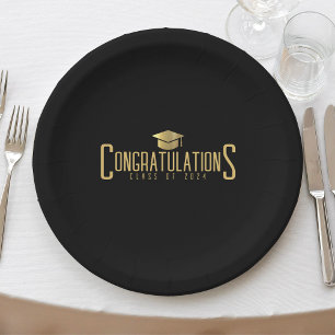 Black & Gold Congratulations Class Of Graduation Paper Plate