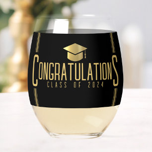 Black & Gold Congratulations Class Of Graduation Stemless Wine Glass