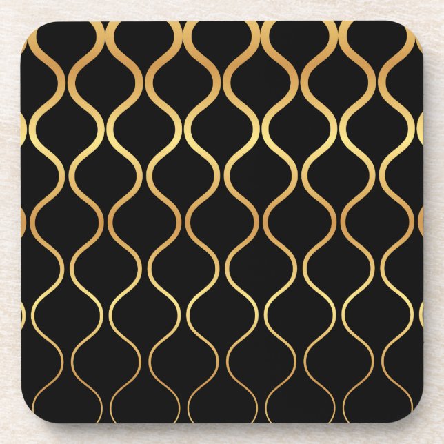 Black, gold, cool, trendy, retro abstract design coaster (Front)