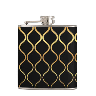 Black, gold, cool, trendy, retro abstract design hip flask