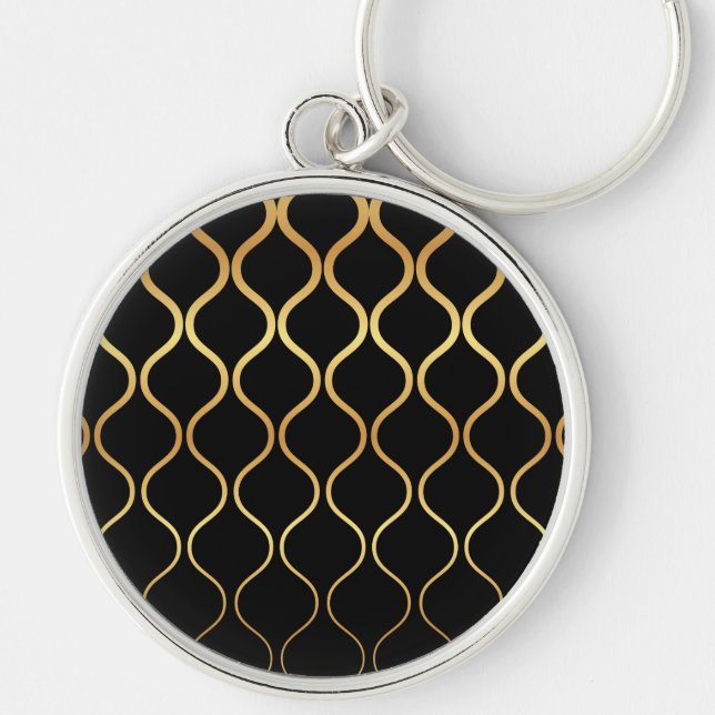 Black, gold, cool, trendy, retro abstract design key ring (Front)