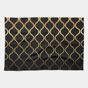Black, gold, cool, trendy, retro abstract design tea towel