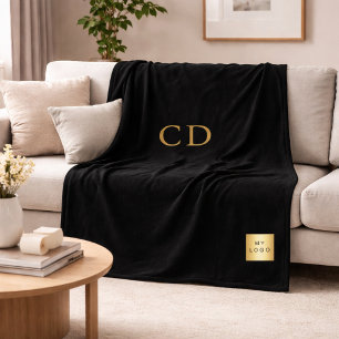 Black gold corporate logo company monogram luxury fleece blanket