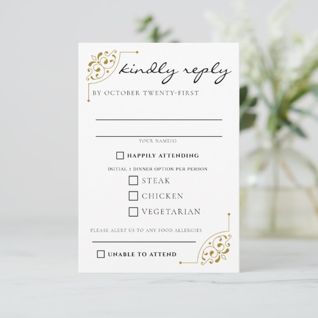 Black & Gold Country Wedding Food Choices RSVP Card (Standing Front)