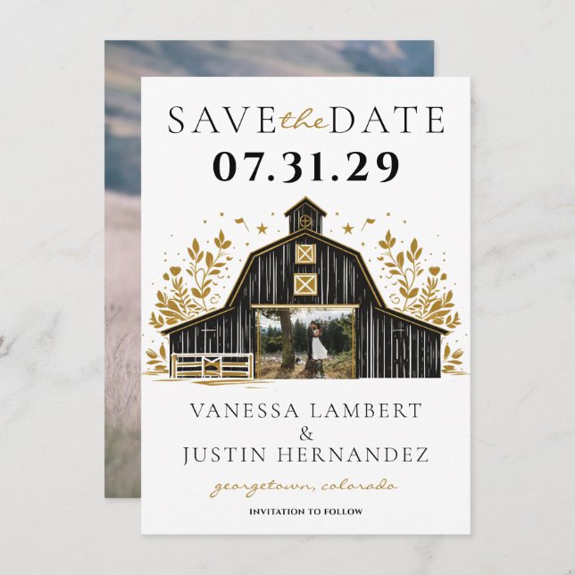 Black & Gold Country Wedding Save The Date (Front/Back)