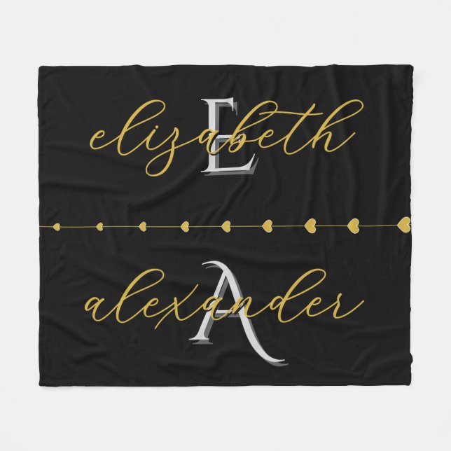 Black Gold Couple Initials Personalised Names Gift Fleece Blanket (Front (Horizontal))