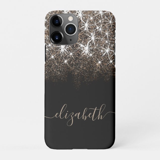 Black Gold Cream Faux Glitter Calligraphy Name iPhone Case (Back)