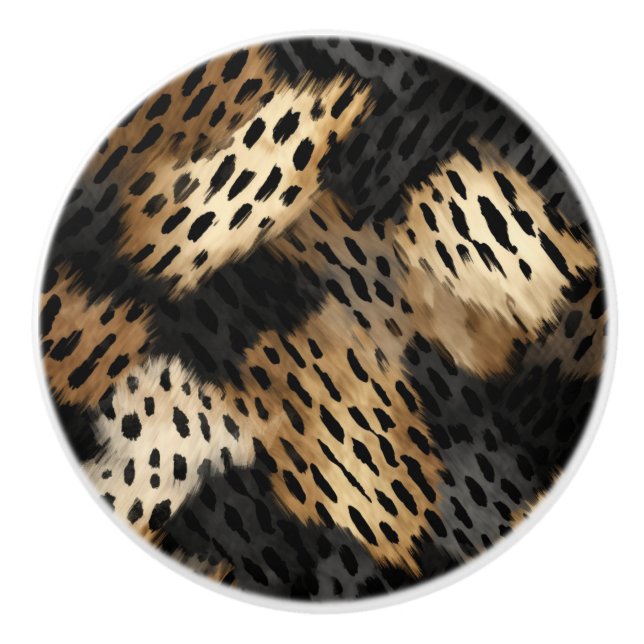 Black Gold Cream Leopard Animal Print Ceramic Knob (Front)