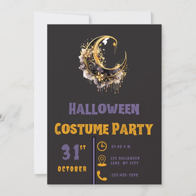Black & Gold Crescent Moon Modern Black Halloween Invitation (Front)